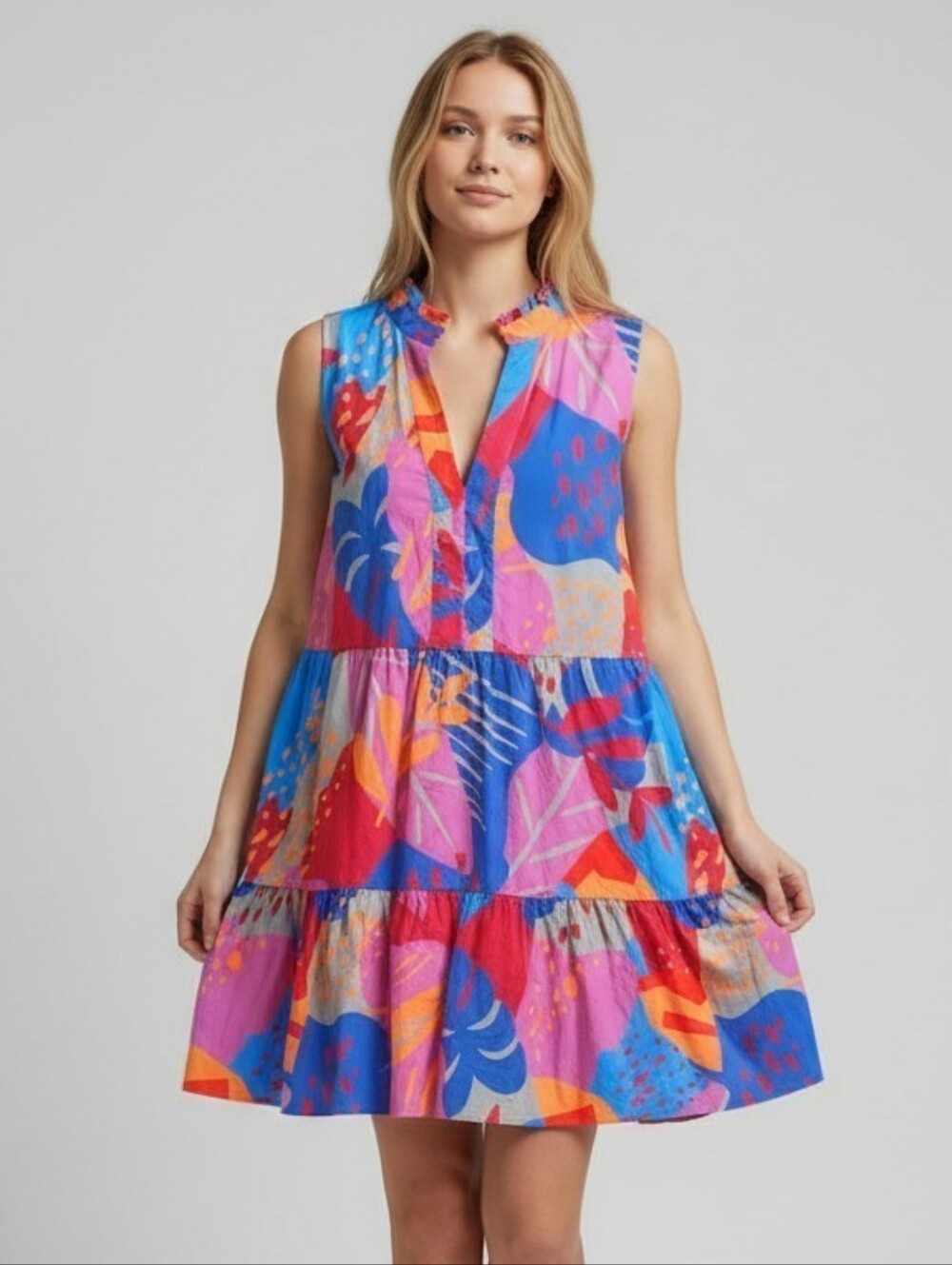 THML Colorful Tropical Resort Tiered Sleeveless Mini Dress Women's Size Large L
